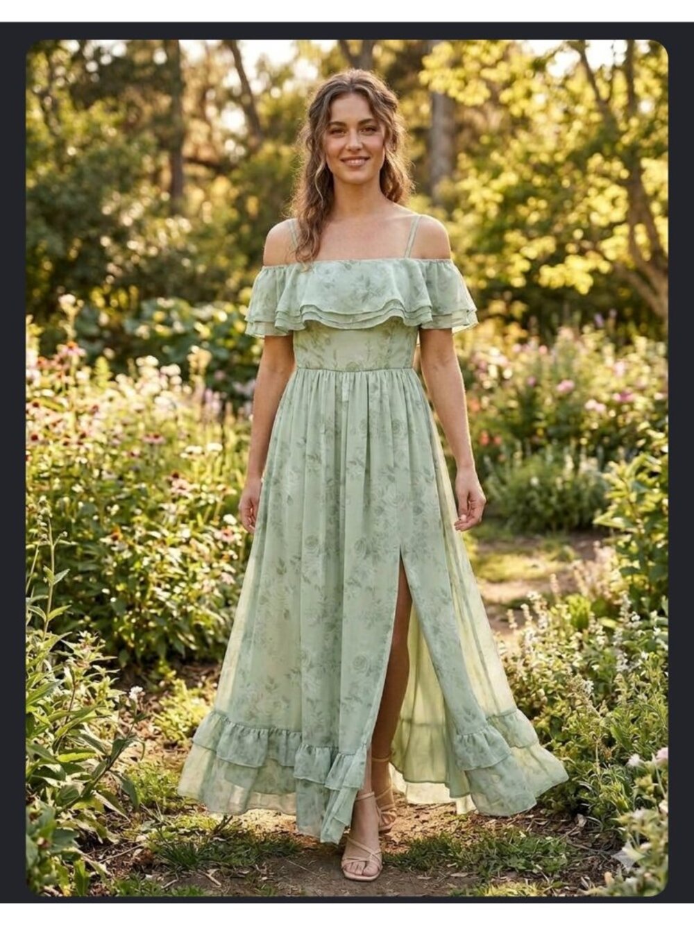 Witness of Love sage green floral chiffon dress features an off-the-shoulder 16W